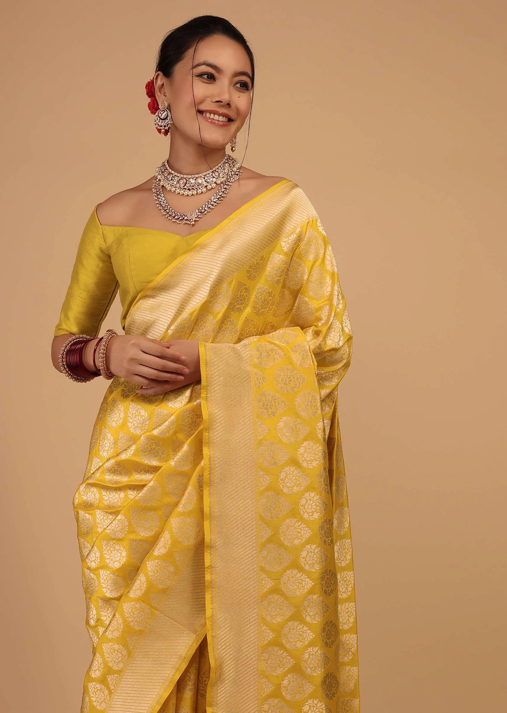 Citrus Yellow Saree In Pure Banarasi Silk With Upada Zari Weave Floral Butti Work