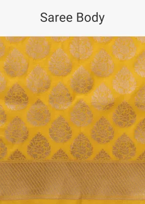 Citrus Yellow Saree In Pure Banarasi Silk With Upada Zari Weave Floral Butti Work