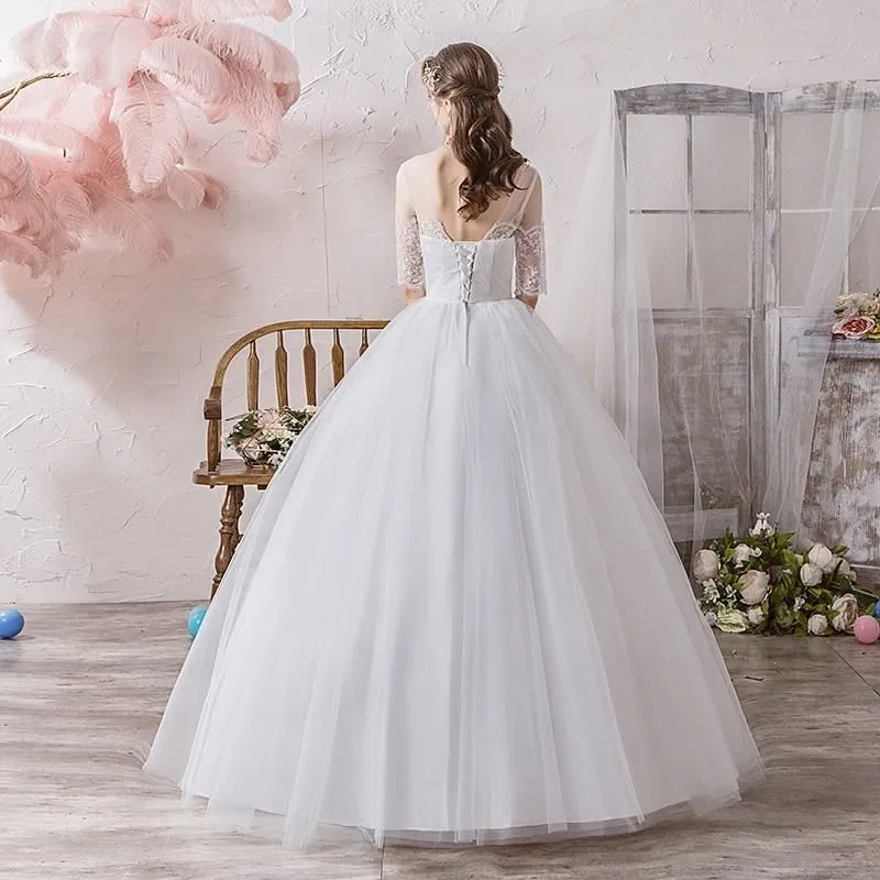 Classic O Neck Half Sleeve Wedding Dress