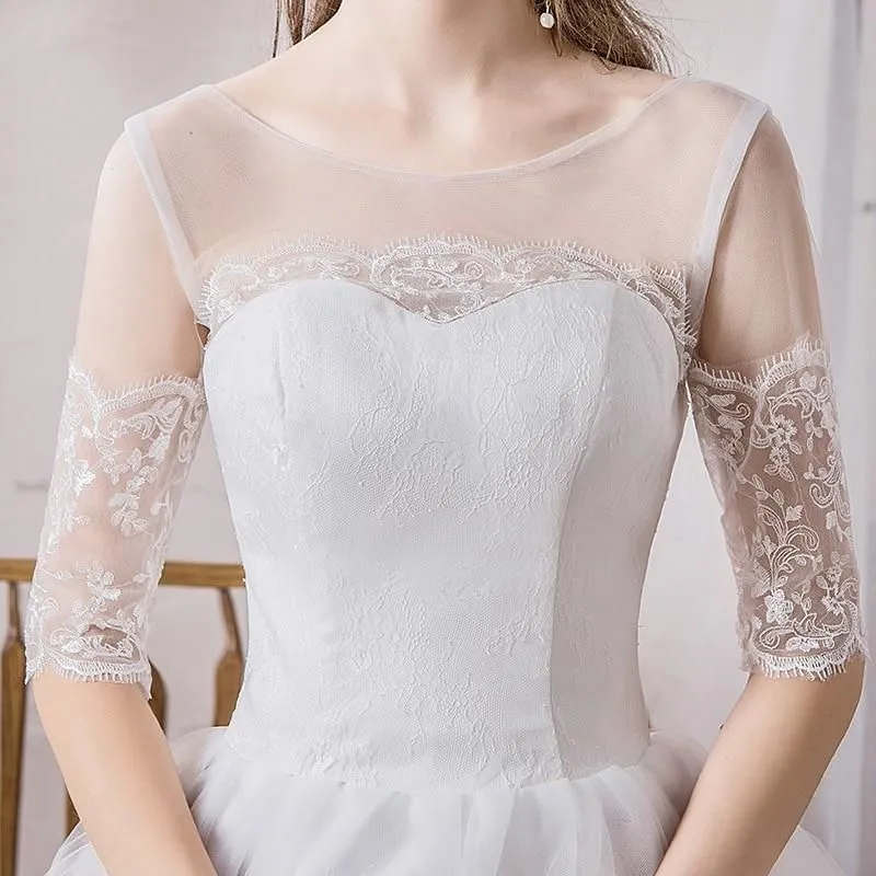Classic O Neck Half Sleeve Wedding Dress