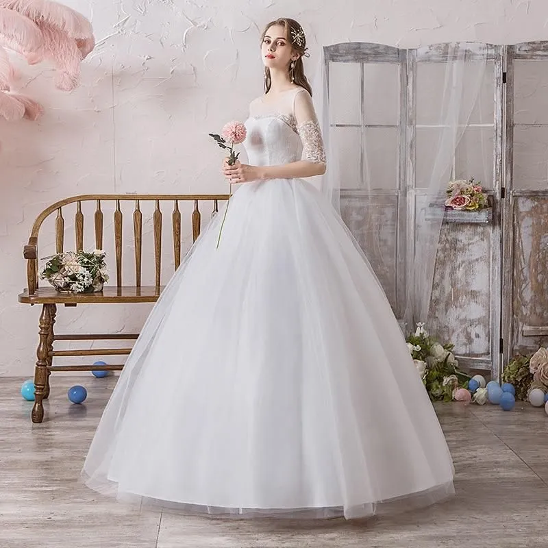 Classic O Neck Half Sleeve Wedding Dress