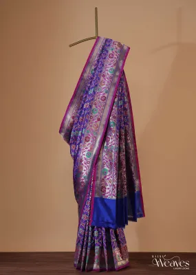 Cobalt Blue Banarasi Patola Saree In Katan Silk With Ikat Weave And Unstitched Blouse