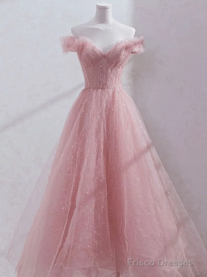 Cute Pink Princess Tulle Sequin Prom Dress Off The Shoulder Evening Dress