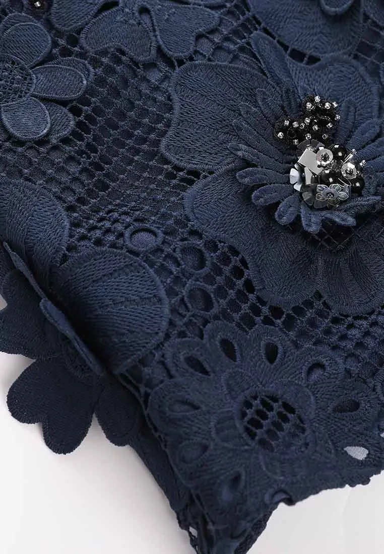 Dark Blue Floral Lace Cocktail Dress
