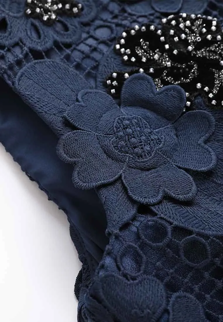 Dark Blue Floral Lace Cocktail Dress