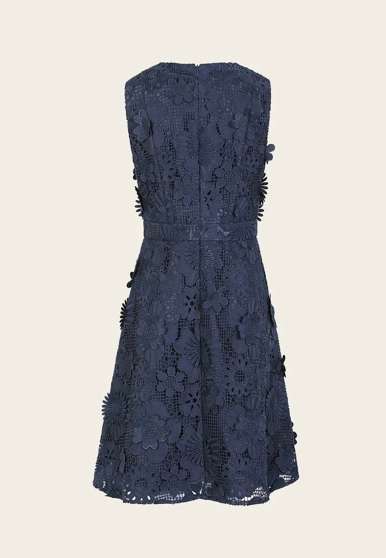 Dark Blue Floral Lace Cocktail Dress