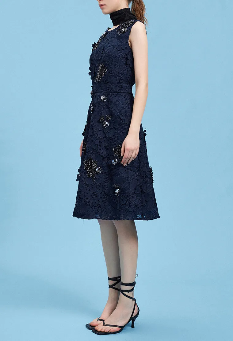 Dark Blue Floral Lace Cocktail Dress