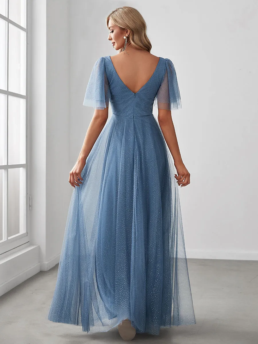 Dusty Blue and Navy Bridesmaid Gowns