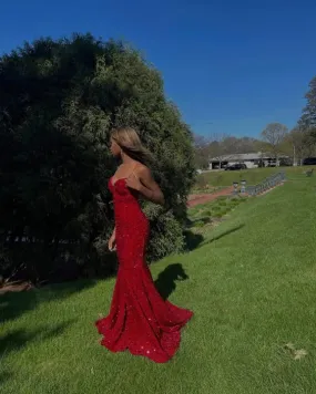 Elegant Formal Dress Spaghetti Straps Red Sequin Mermaid Long Prom Dress Dresses Gowns Evening Dresses