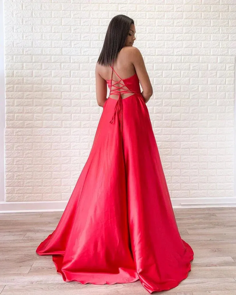 Evening Gowns Halter Split V-neck Backless Prom Dress