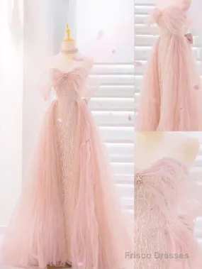 Fairy A Line Strapless Tulle Sequin Long Pink Prom Dress