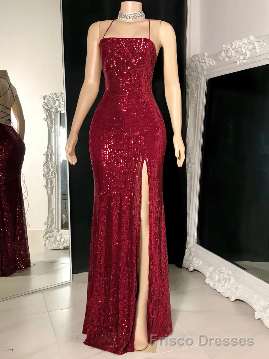 Floor Length Burgundy Sequin Long Evening Dresses