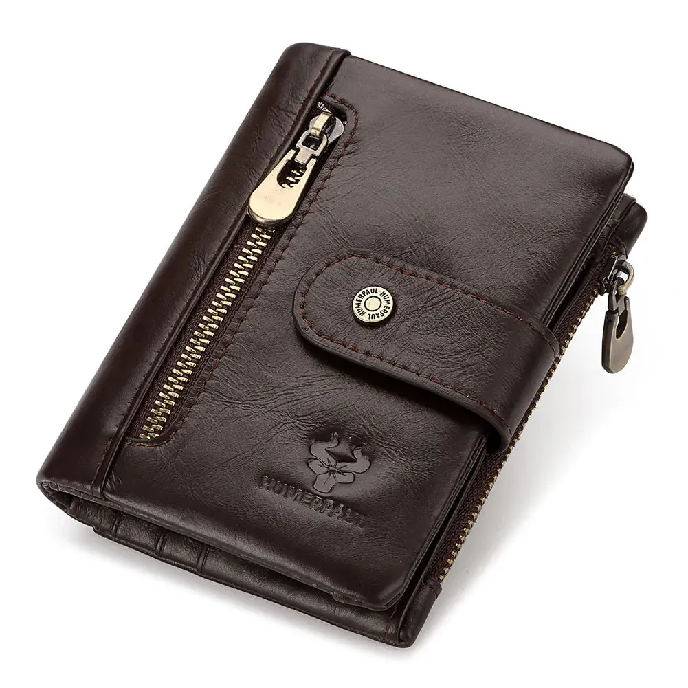 Genuine Leather Slim Wallet with Zipper Coin Pocket