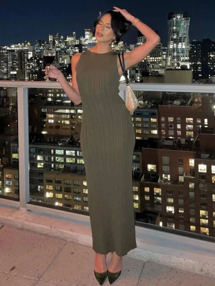 Green Knitted Summer Sleeveless Split Casual Long Maxi Dress
