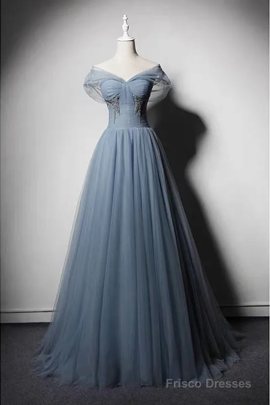 Grey-Blue Tulle Off Shoulder Beaded Long Prom Dress Party Dress, Long Evening Gowns