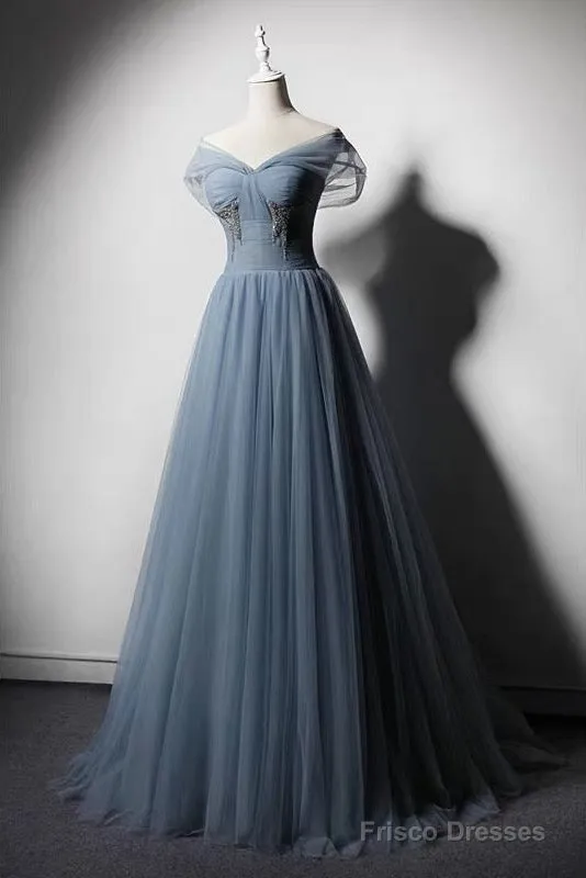 Grey-Blue Tulle Off Shoulder Beaded Long Prom Dress Party Dress, Long Evening Gowns
