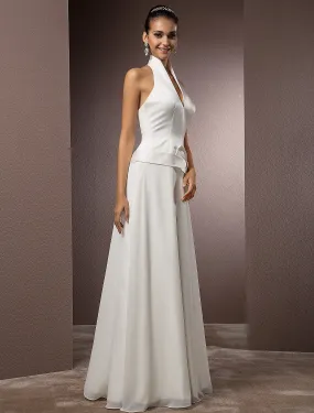 Hall Wedding Dresses Sheath / Column Halter Sleeveless Floor Length Satin Bridal Gowns With Sash / Ribbon 2023 Summer Wedding Party,