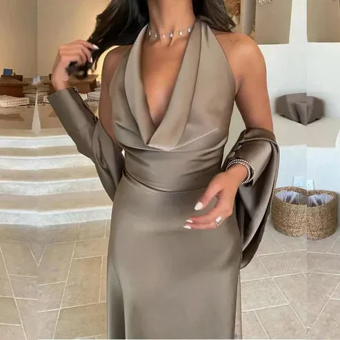 Halter Backless Women's Dresses Satin Mermaid Evening Party Dress Elegant Formal Dress Wholesale