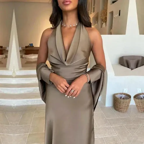 Halter Backless Women's Dresses Satin Mermaid Evening Party Dress Elegant Formal Dress Wholesale