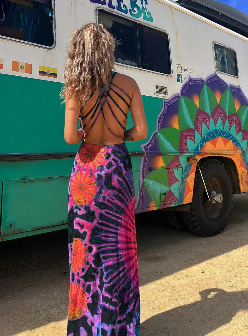 Holiday Beach Vintage Printed Women 2024 Fashion Summer Sexy Backless Cross Slim Maxi Dress