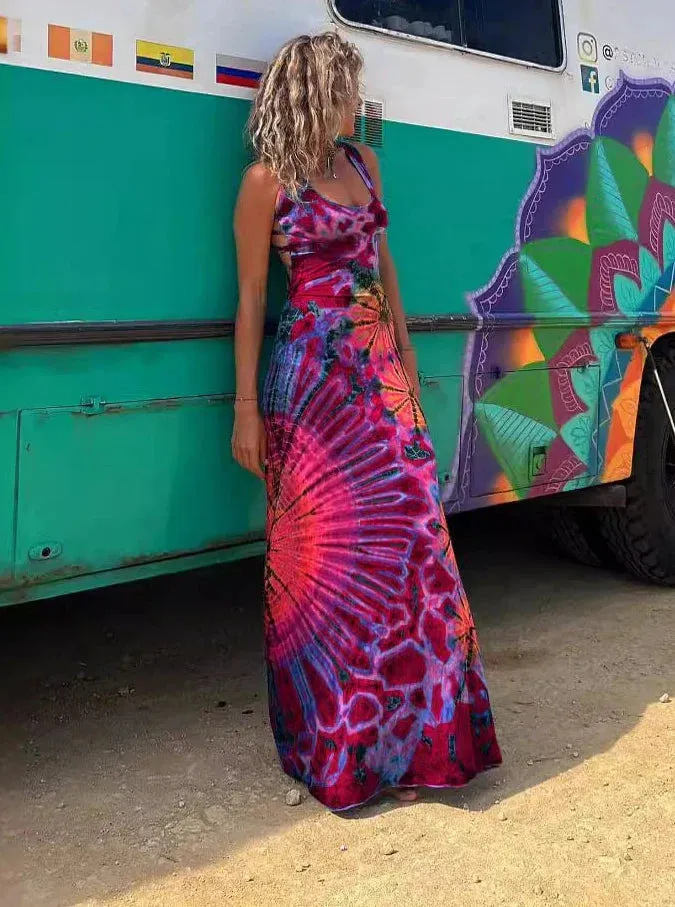 Holiday Beach Vintage Printed Women 2024 Fashion Summer Sexy Backless Cross Slim Maxi Dress