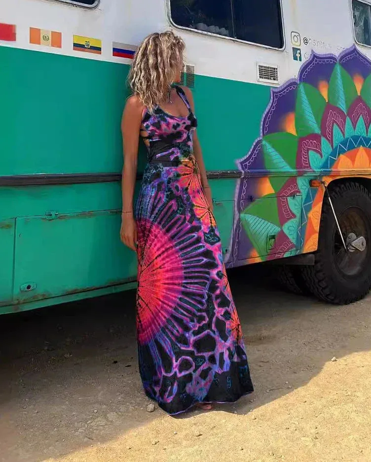 Holiday Beach Vintage Printed Women 2024 Fashion Summer Sexy Backless Cross Slim Maxi Dress