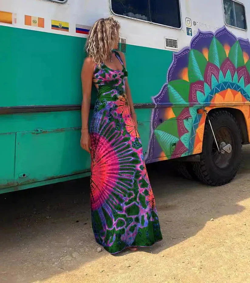 Holiday Beach Vintage Printed Women 2024 Fashion Summer Sexy Backless Cross Slim Maxi Dress
