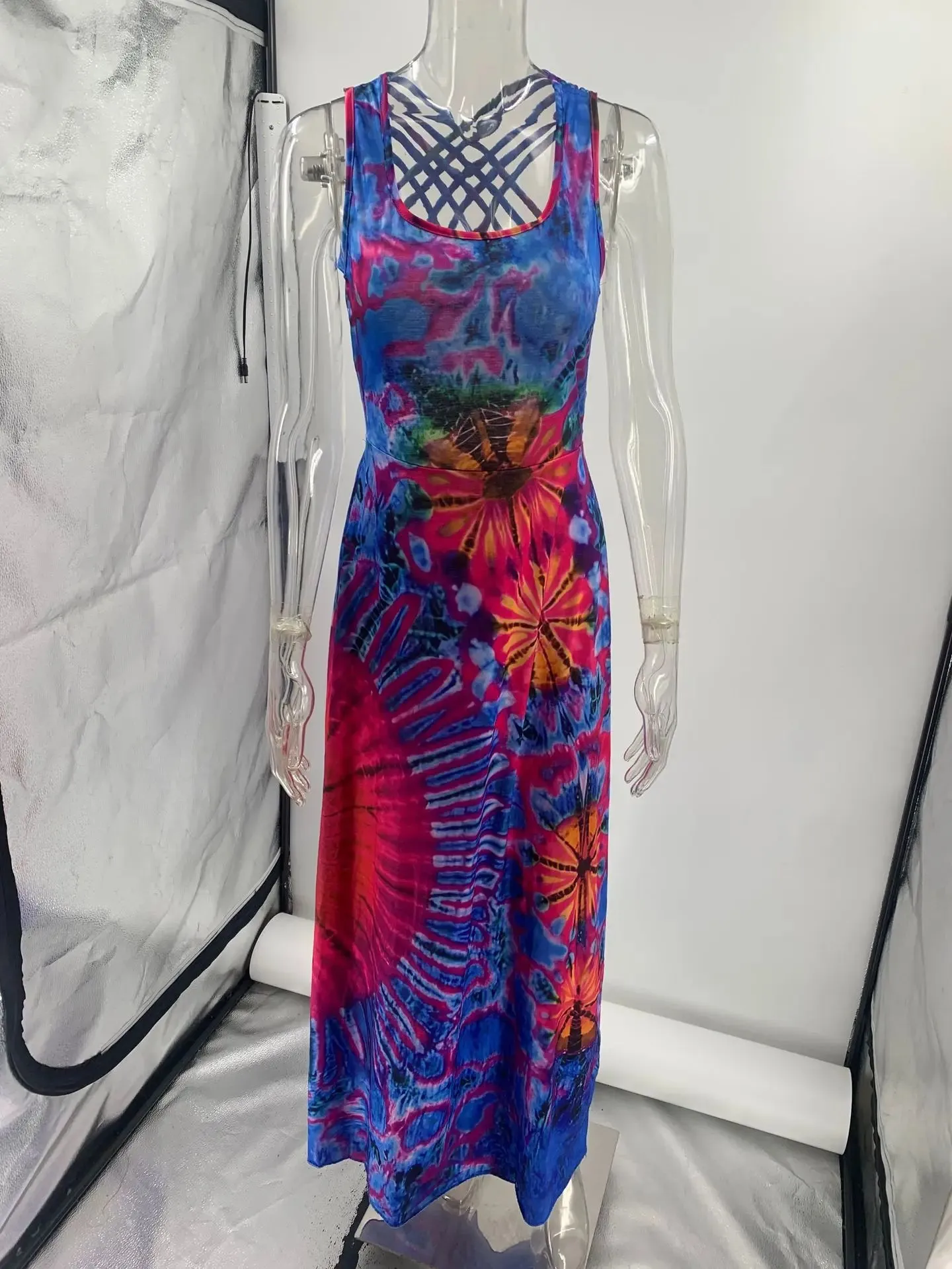 Holiday Beach Vintage Printed Women 2024 Fashion Summer Sexy Backless Cross Slim Maxi Dress