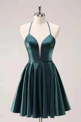 Homecoming Dress Peacock Blue A-Line Halter Short Graduation Dresses Metallic with Lace Up Back