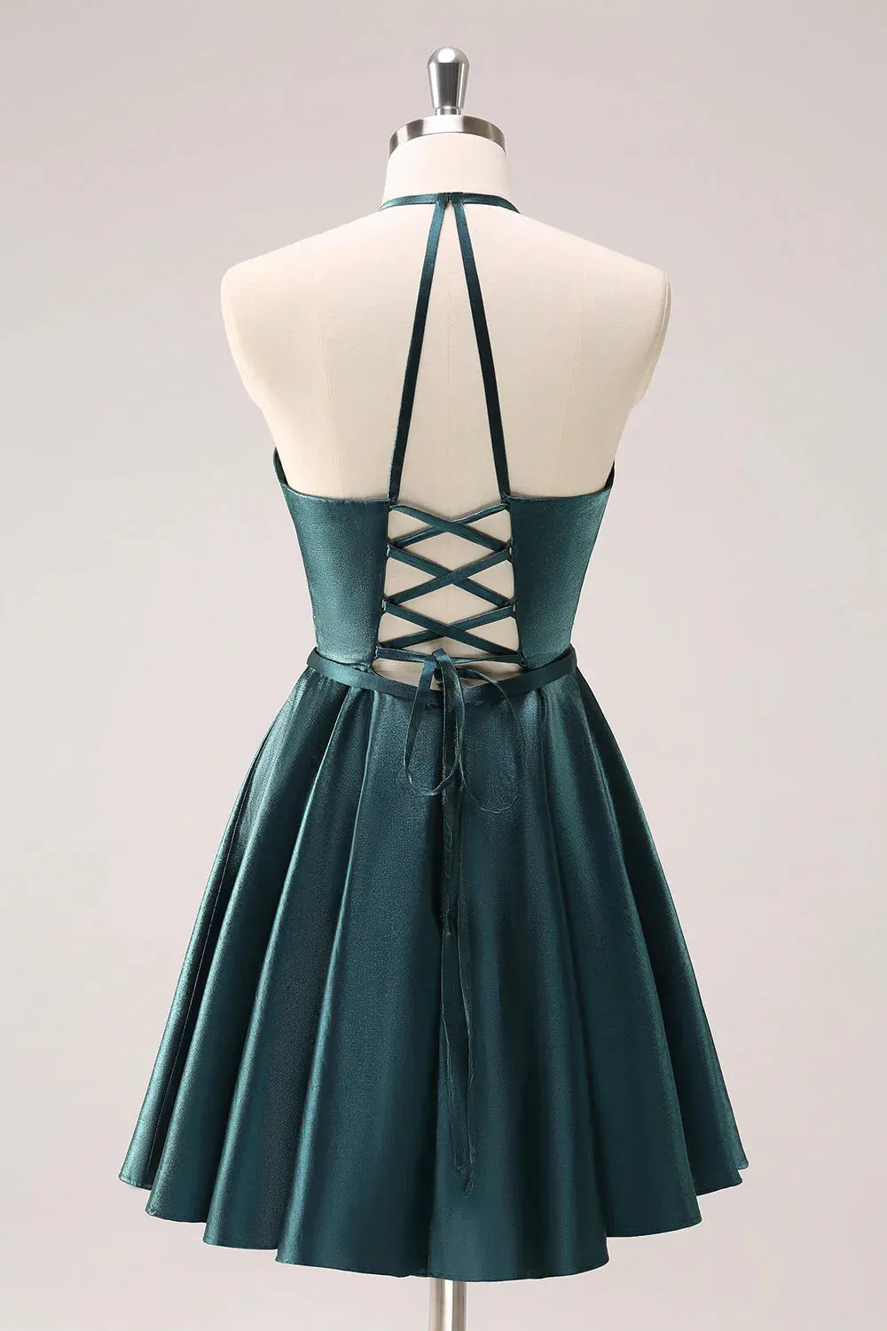 Homecoming Dress Peacock Blue A-Line Halter Short Graduation Dresses Metallic with Lace Up Back