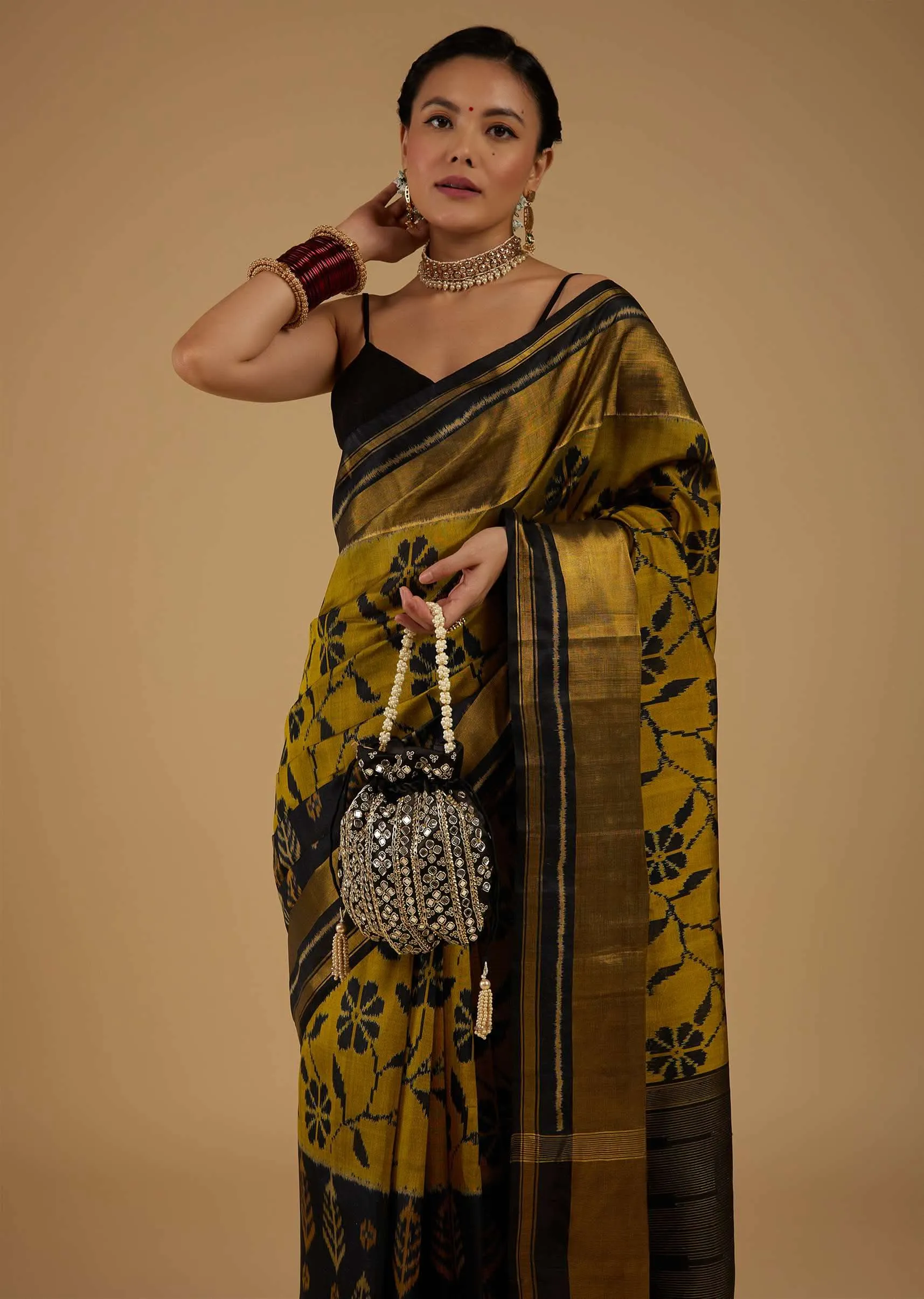 Kalki Antique Moss Green And Black Saree In Silk With Ikat Weave Patola Floral Work