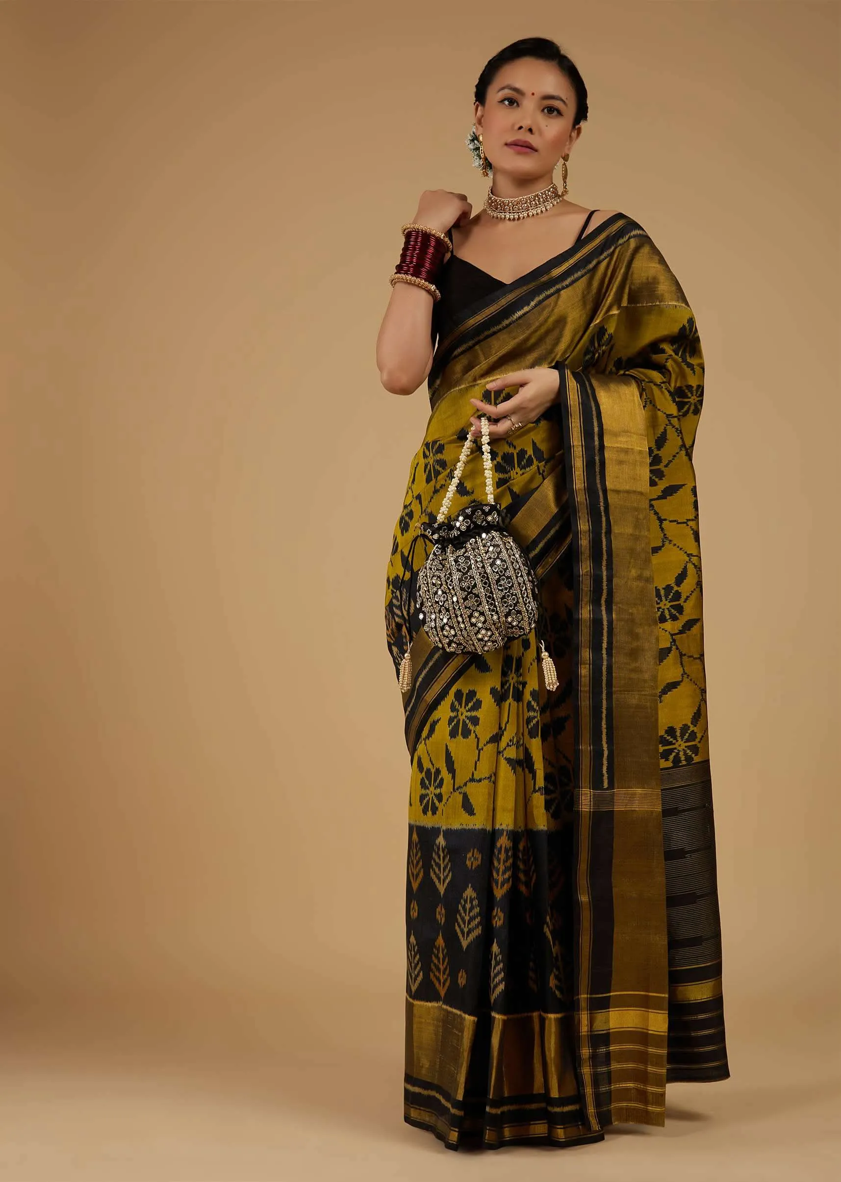 Kalki Antique Moss Green And Black Saree In Silk With Ikat Weave Patola Floral Work