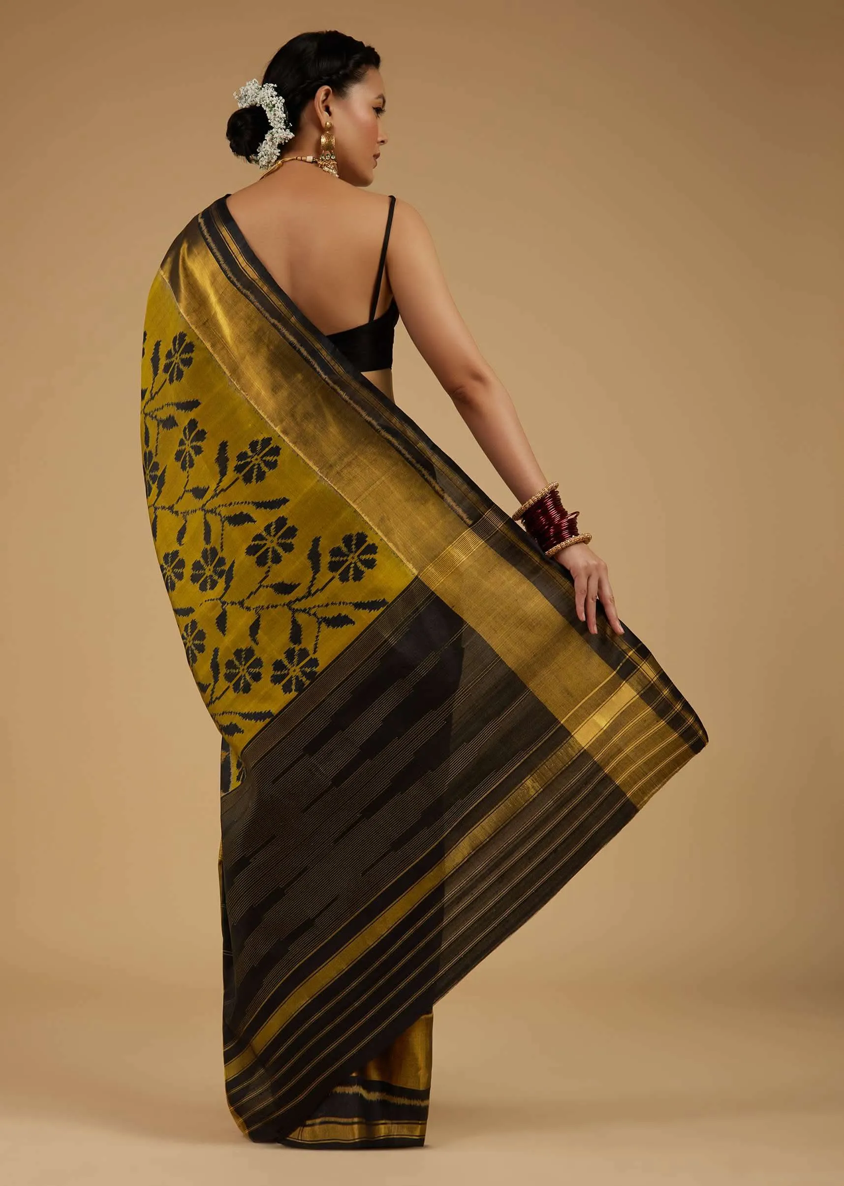 Kalki Antique Moss Green And Black Saree In Silk With Ikat Weave Patola Floral Work