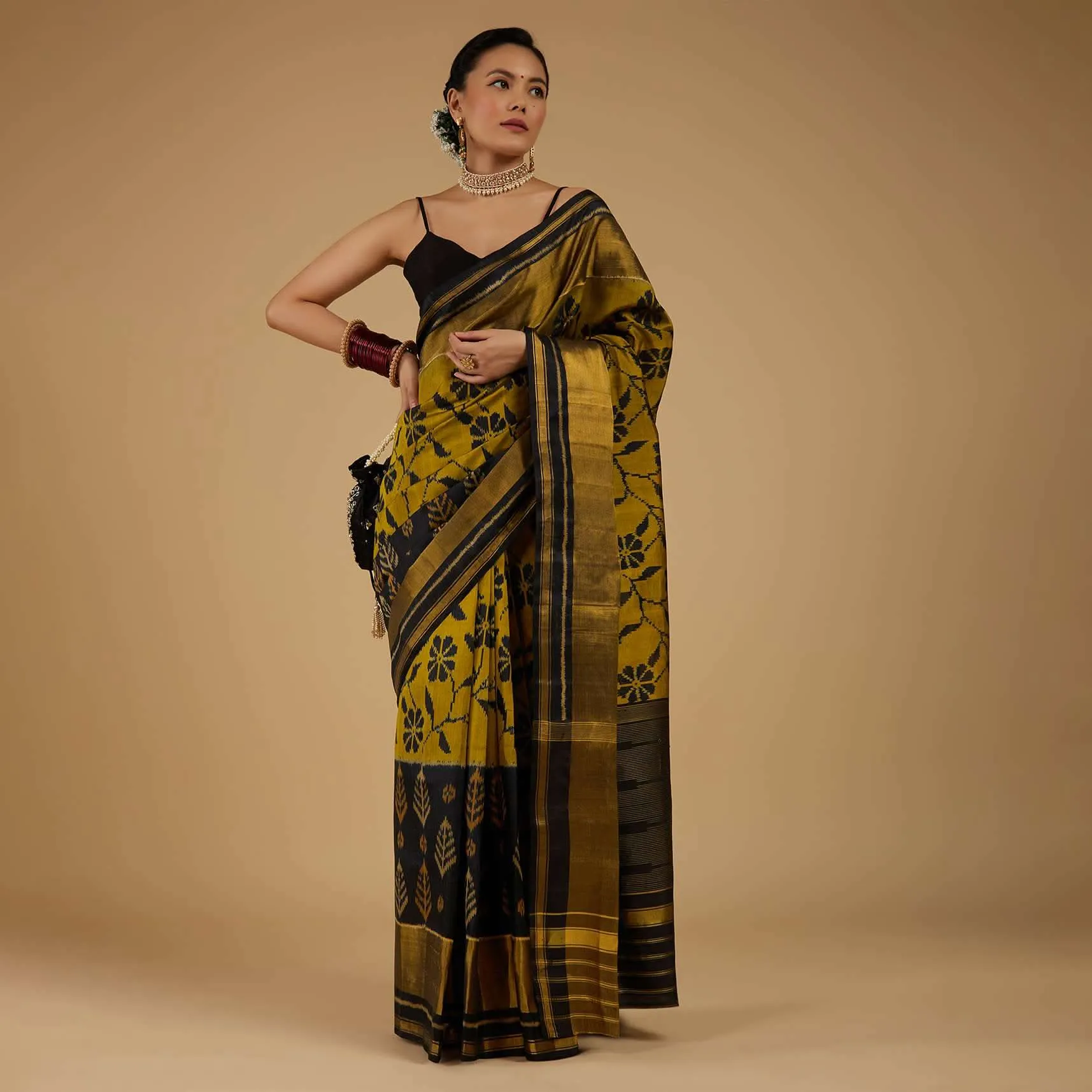 Kalki Antique Moss Green And Black Saree In Silk With Ikat Weave Patola Floral Work