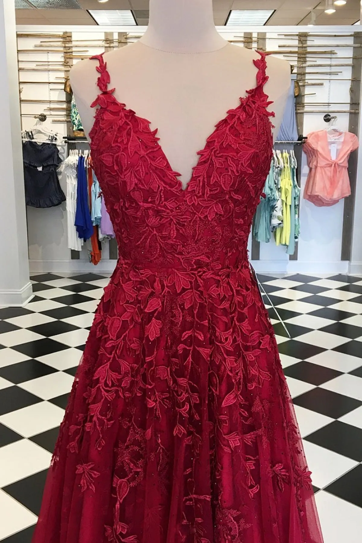 kamahe A Line V Neck Burgundy Lace Prom Dresses, Wine Red Lace Formal Evening Dresses