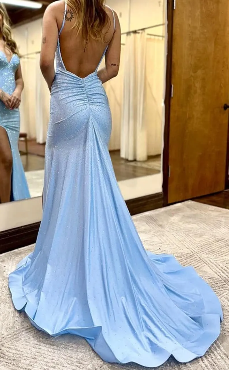 kamahe Blue Beading Prom Dress with Slit Formal Evening Dresses
