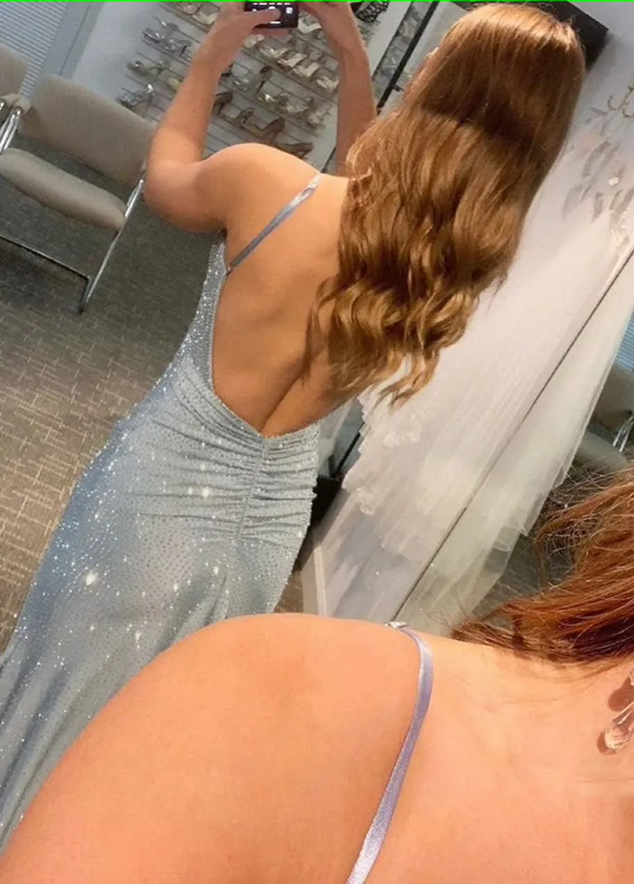 kamahe Blue Beading Prom Dress with Slit Formal Evening Dresses