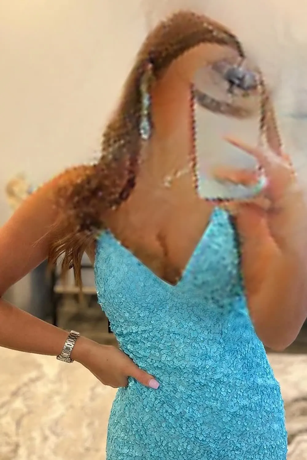 kamahe Sparkly Sky Blue Sequins Lace-Up Long Prom Dress with Slit Formal Evening Dresses