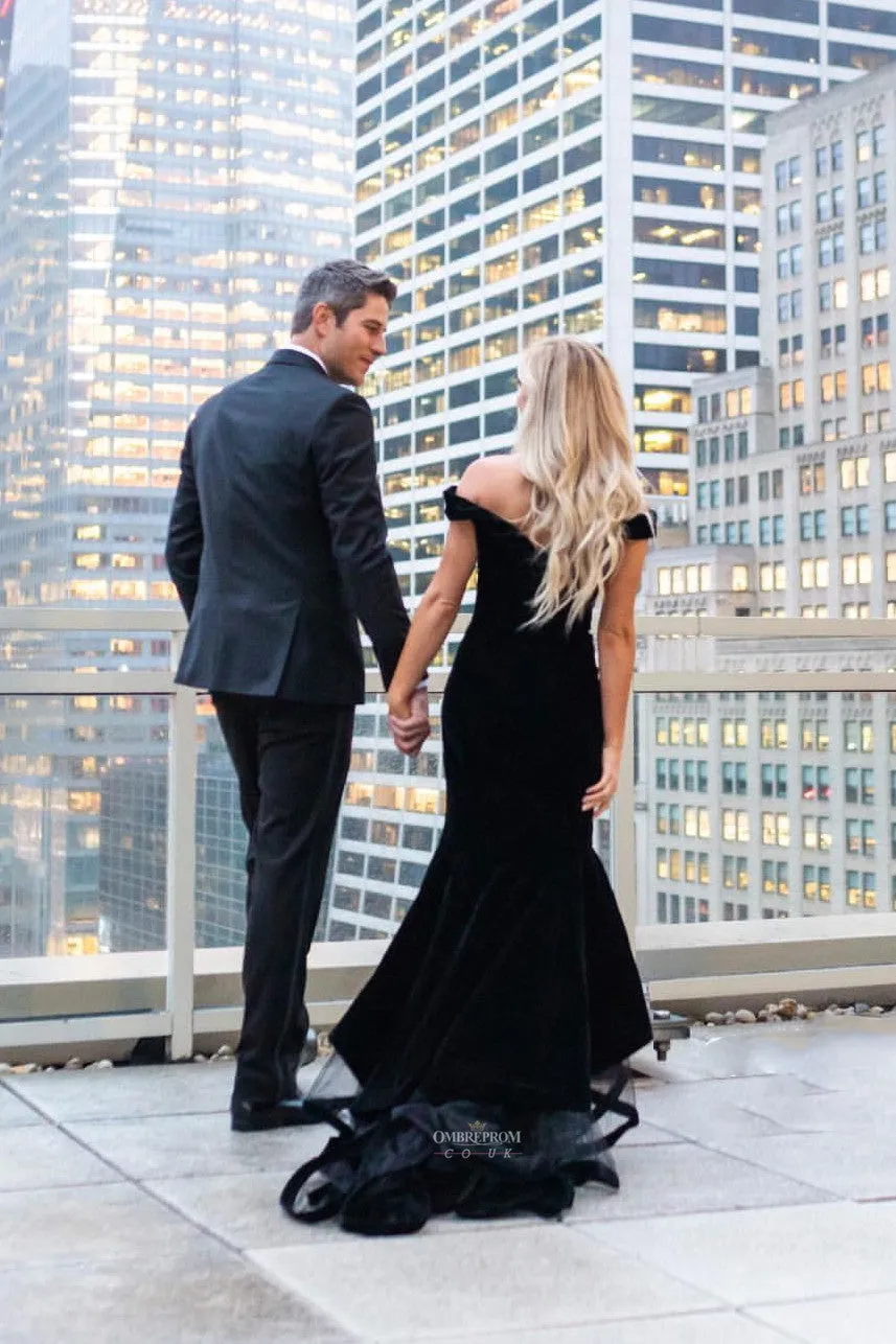Mermaid Black Off the Shoulder Long Prom Party Dress With Split OP501