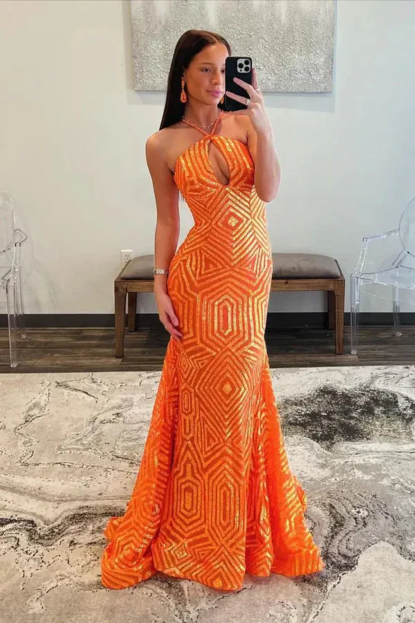 Mermaid Halter Keyhole Orange Sequins Long Prom Dresses Sexy Evening Dress