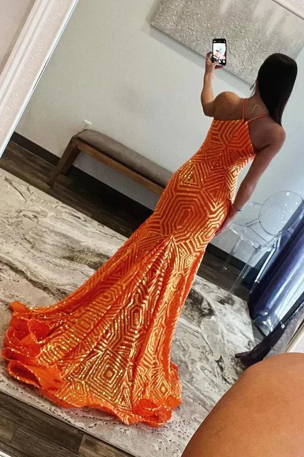 Mermaid Halter Keyhole Orange Sequins Long Prom Dresses Sexy Evening Dress