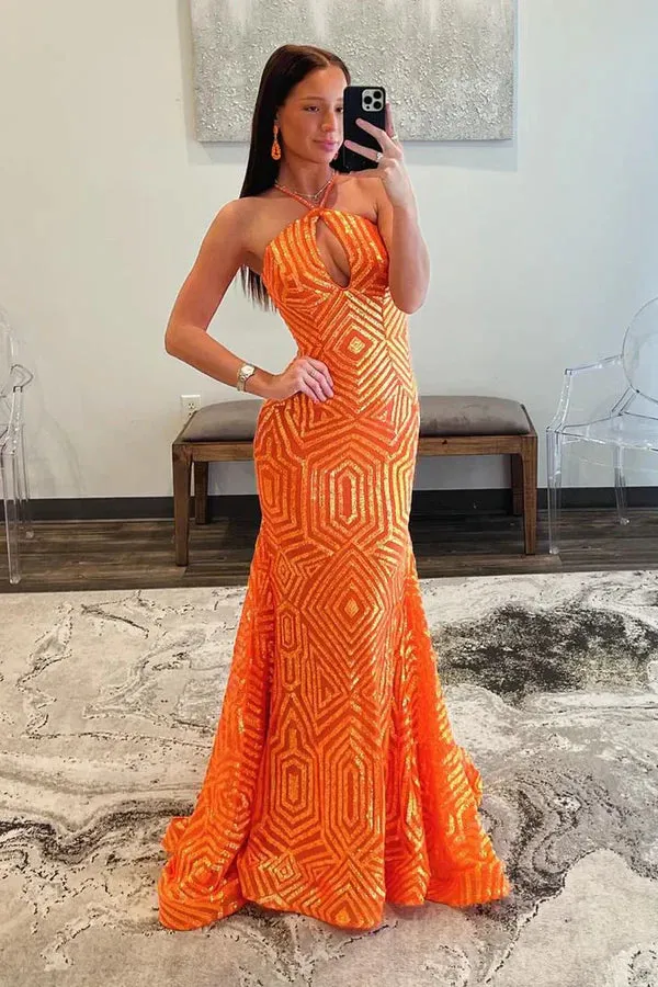 Mermaid Halter Keyhole Orange Sequins Long Prom Dresses Sexy Evening Dress