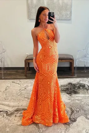 Mermaid Halter Keyhole Orange Sequins Long Prom Dresses Sexy Evening Dress