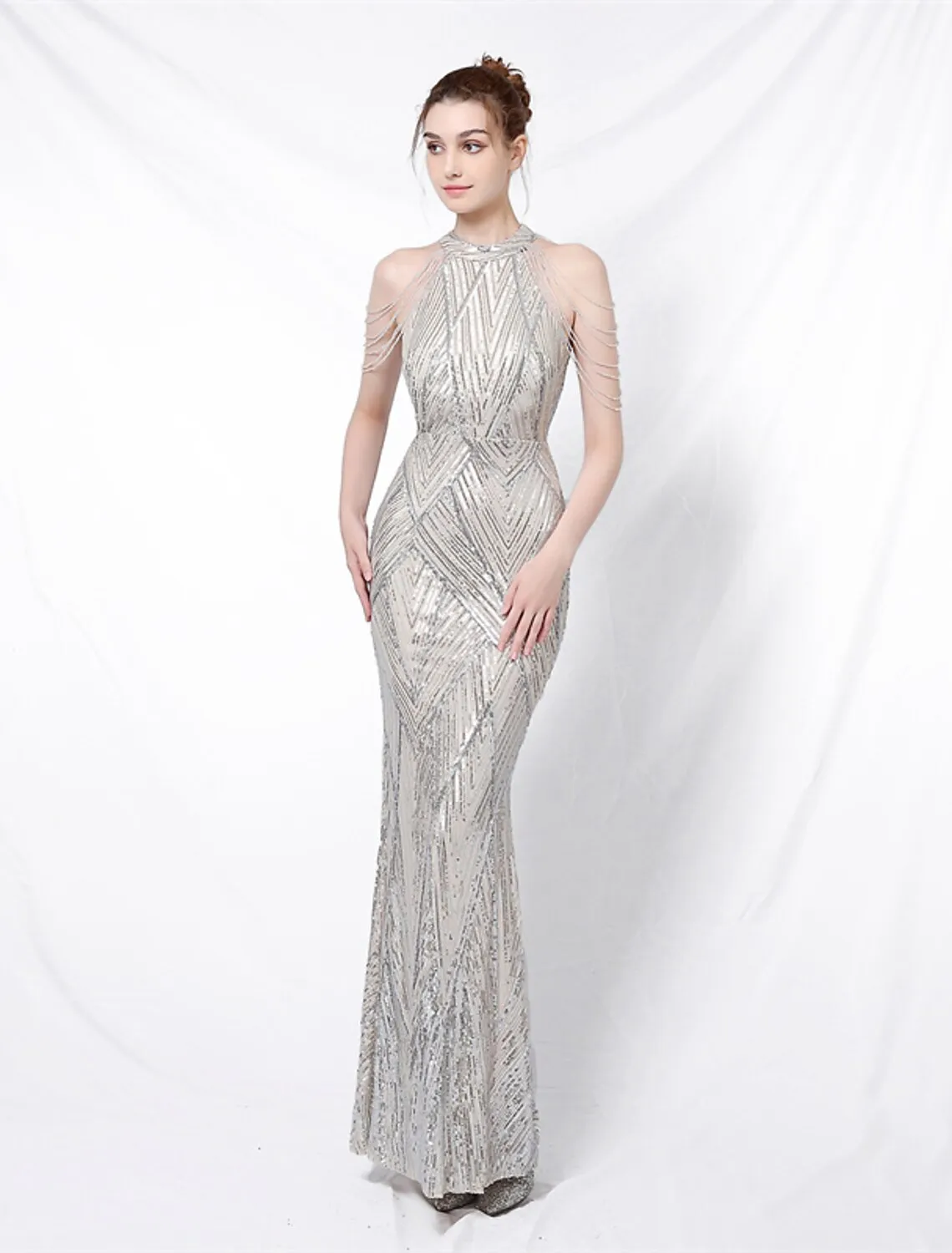 Mermaid Party Dress Prom Dresses Sparkle & Shine Dress Formal Wedding Guest Floor Length Sleeveless Halter Neck Sequined with Sequin