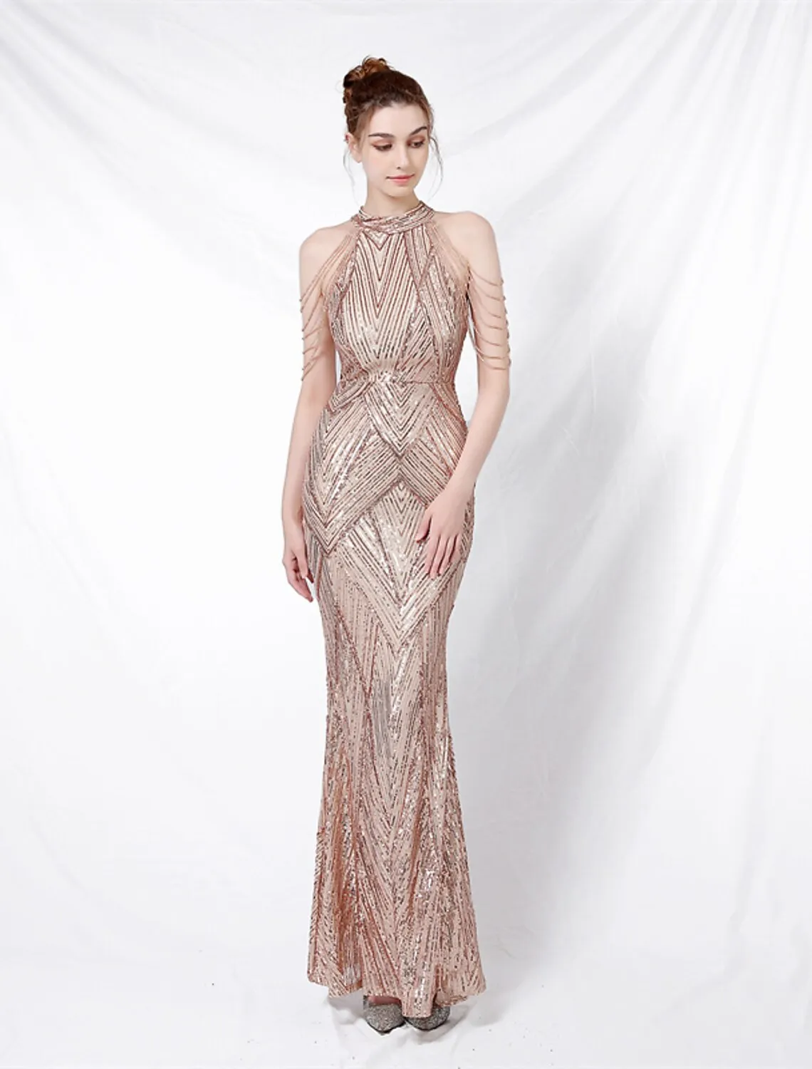 Mermaid Party Dress Prom Dresses Sparkle & Shine Dress Formal Wedding Guest Floor Length Sleeveless Halter Neck Sequined with Sequin