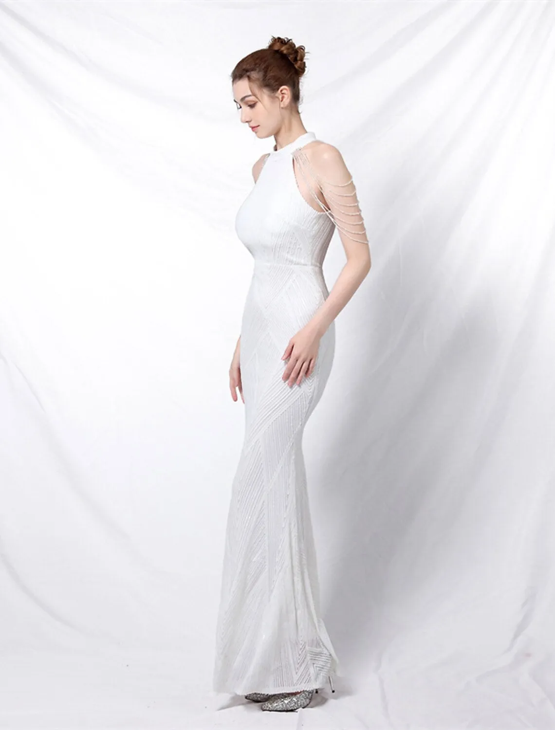 Mermaid Party Dress Prom Dresses Sparkle & Shine Dress Formal Wedding Guest Floor Length Sleeveless Halter Neck Sequined with Sequin