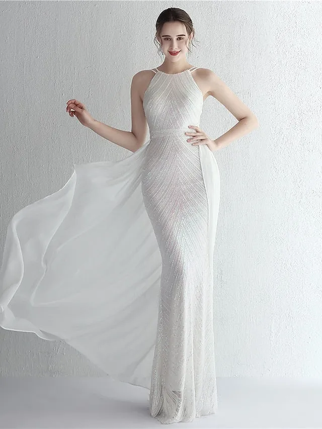 Mermaid / Trumpet Prom Dresses Elegant Dress Formal Floor Length Sleeveless Halter Chiffon with Beading Evening Dress