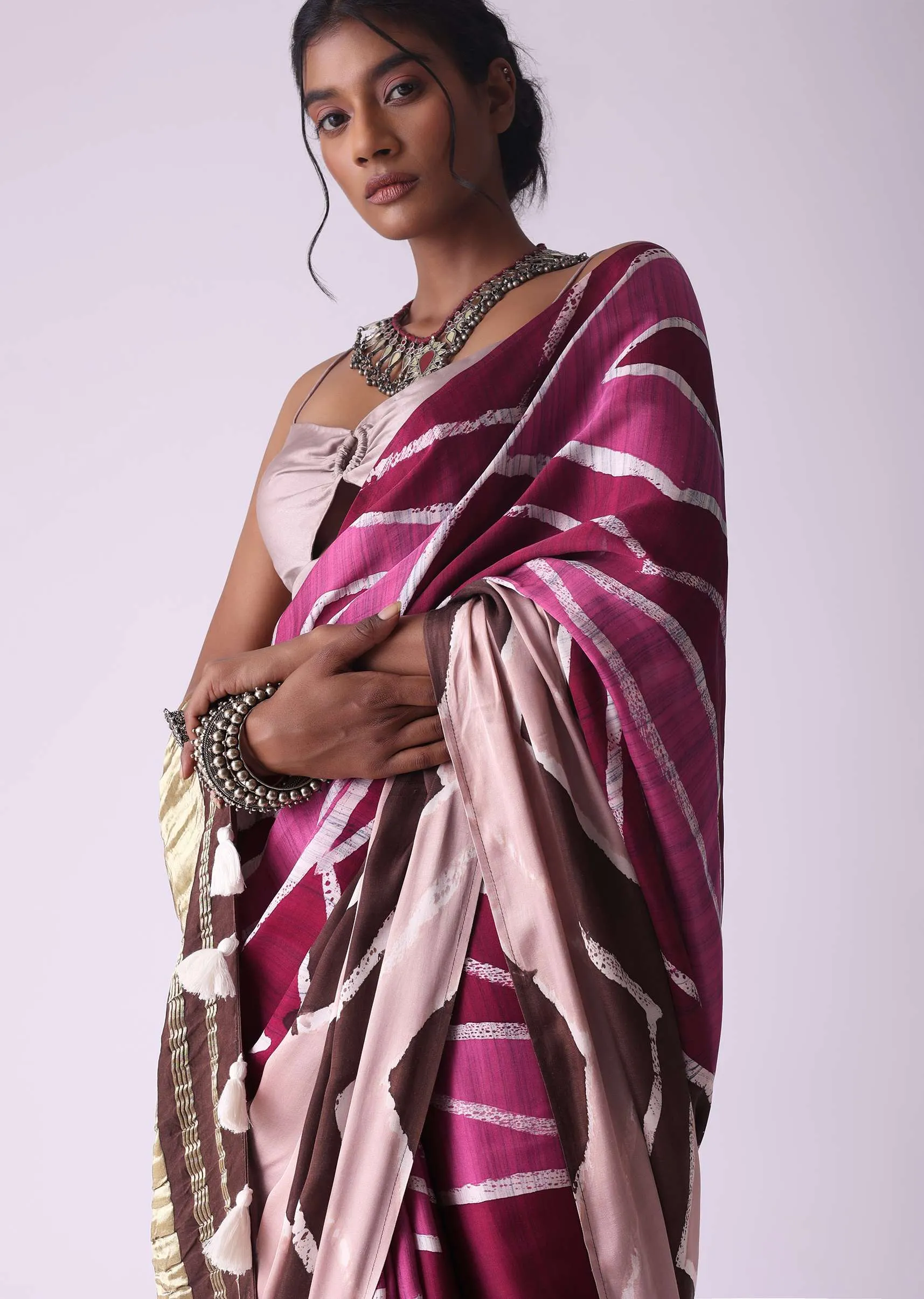 Misty Rose Pink Geometric Print Satin Saree