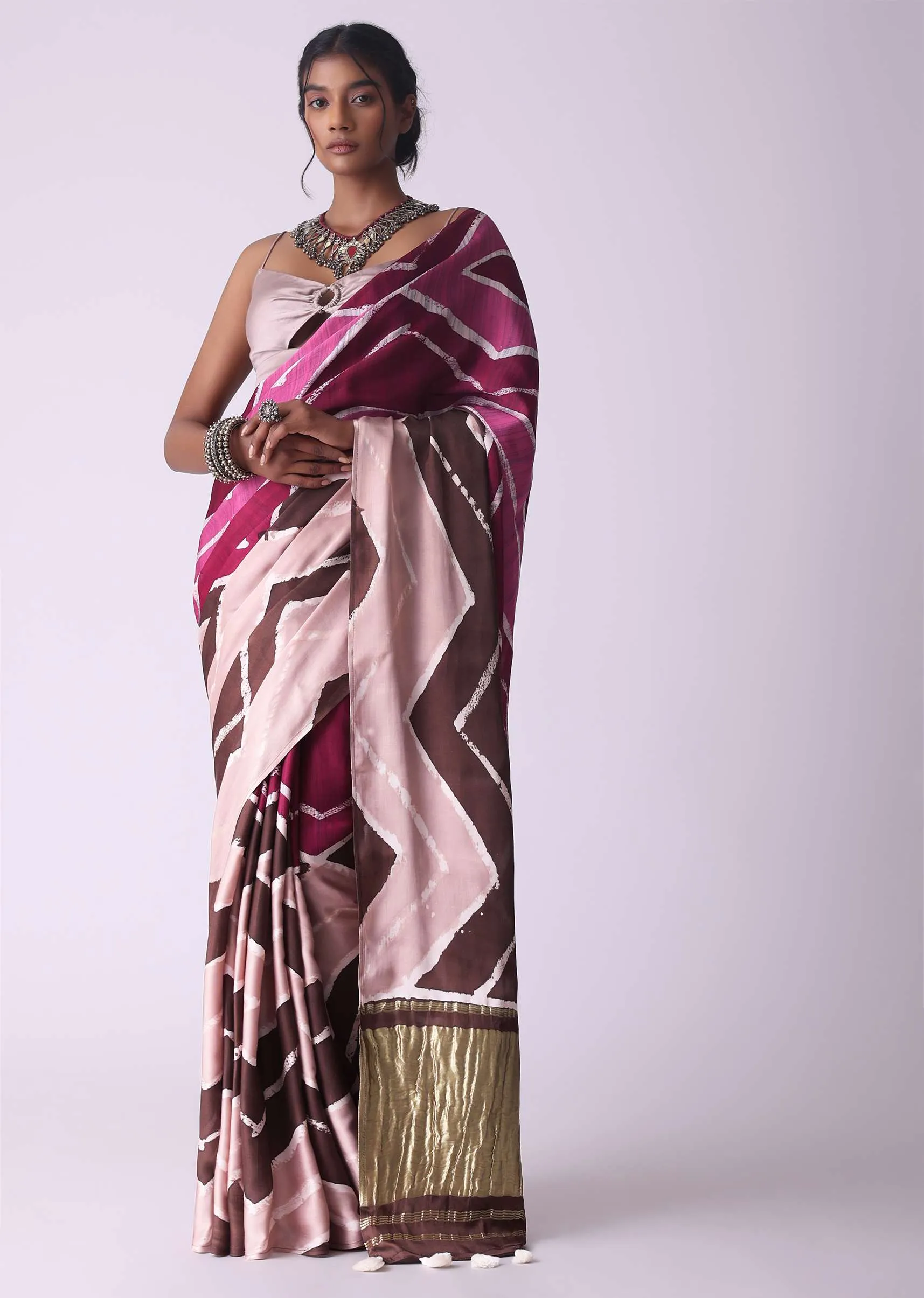 Misty Rose Pink Geometric Print Satin Saree