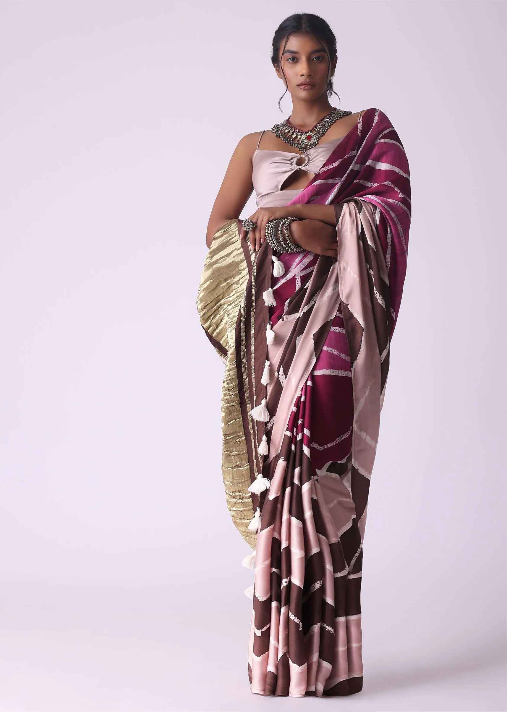 Misty Rose Pink Geometric Print Satin Saree